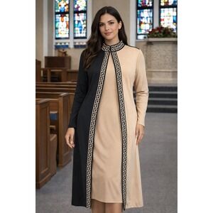 ChicMe Midi Dress Black Tan Greek Key Trim Colorblock Women XL Sophisticated